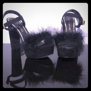 Marabou Black Suede Feather Chunky Heel Platform